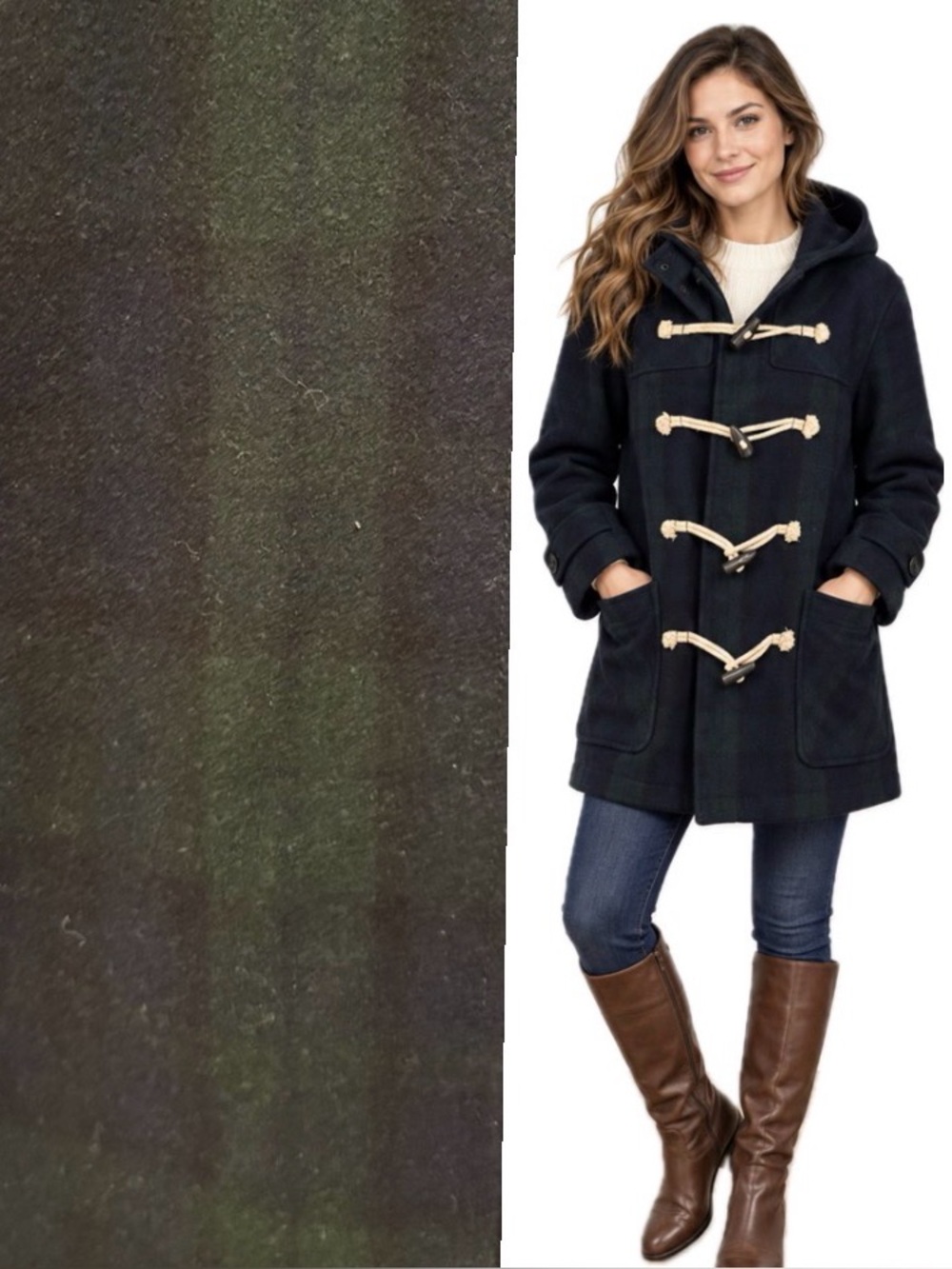 American Eagle Outfitters Wool Toggle Duffle Coat Plaid Black & Green Medium
